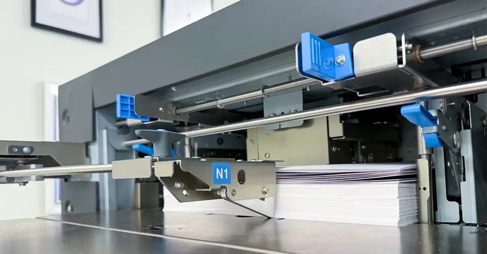 High-speed production inkjet press printing a short-run stack of commercial print sheets in a modern print shop