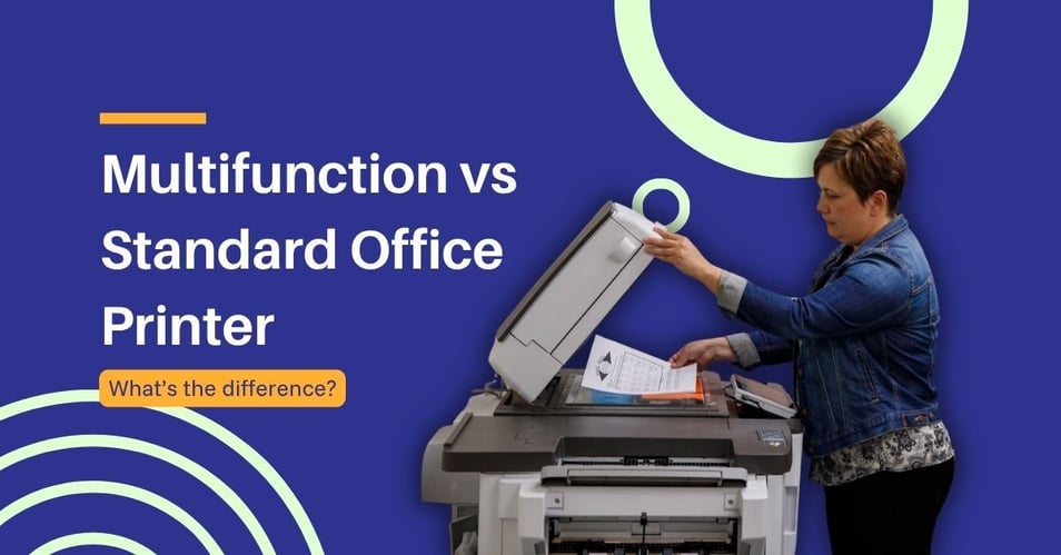 A teacher scanning a document on a multifunction printer demonstrating the comparison to a standard office printer.