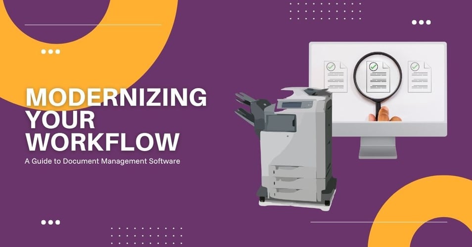 Modernizing office workflow graphic showing a digital scanner and computer monitor displaying indexed files, illustrating what is document management software?